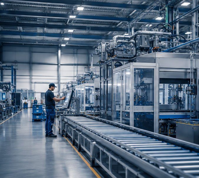 Mitarbeiter an einer Anlage in einer Produktionshalle